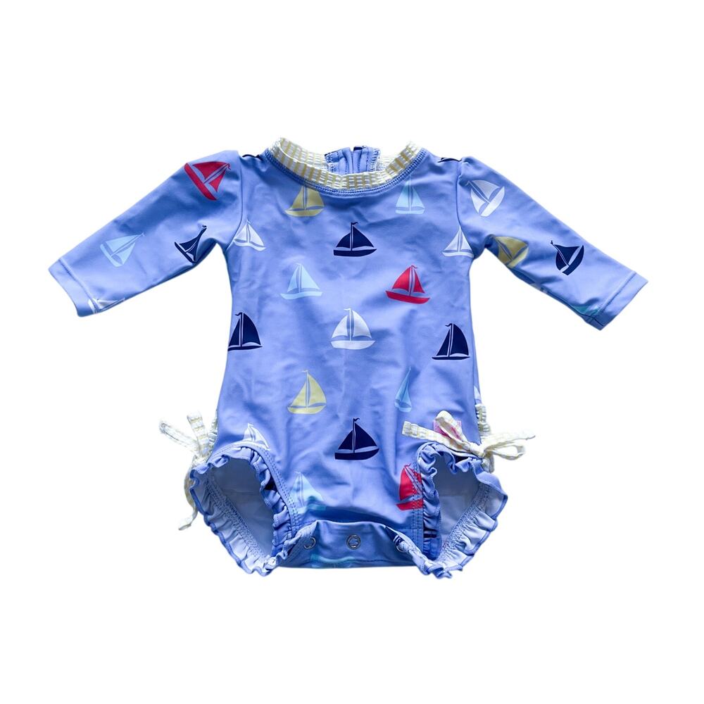Baby Girl's Ruffle Butts Blue and Yellow Sailboat Long Sleeve Rash Guard 0-3 Mo.